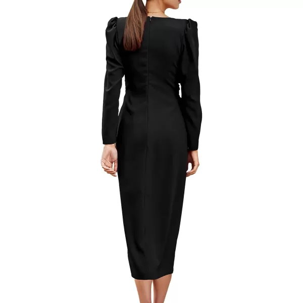 imagePRETTYGARDEN Womens Fall Fashion 2023 Long Puff Sleeve Maxi Dresses V Neck Twist Front Formal Dress with SlitBlack