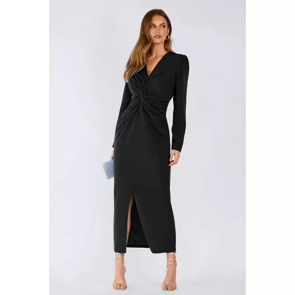 imagePRETTYGARDEN Womens Fall Fashion 2023 Long Puff Sleeve Maxi Dresses V Neck Twist Front Formal Dress with SlitBlack