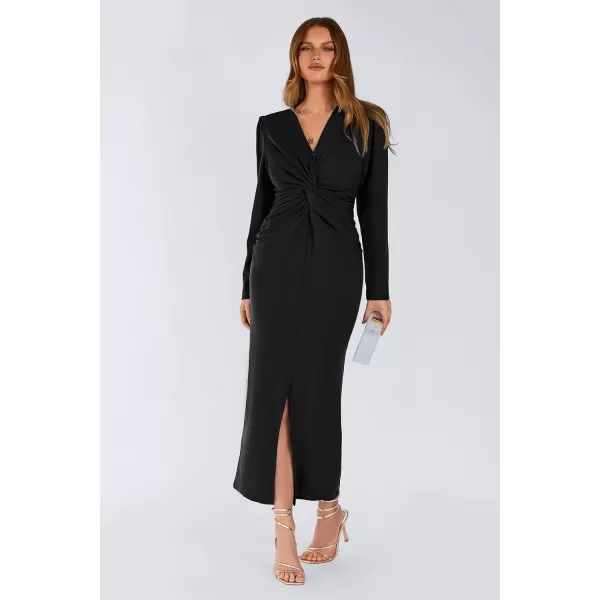 imagePRETTYGARDEN Womens Fall Fashion 2023 Long Puff Sleeve Maxi Dresses V Neck Twist Front Formal Dress with SlitBlack