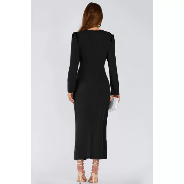 imagePRETTYGARDEN Womens Fall Fashion 2023 Long Puff Sleeve Maxi Dresses V Neck Twist Front Formal Dress with SlitBlack