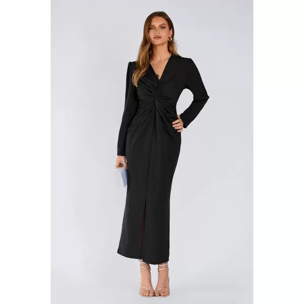 imagePRETTYGARDEN Womens Fall Fashion 2023 Long Puff Sleeve Maxi Dresses V Neck Twist Front Formal Dress with SlitBlack