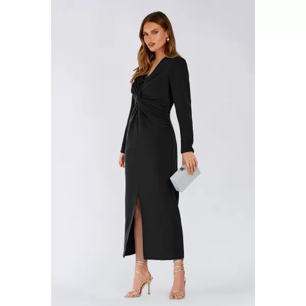 imagePRETTYGARDEN Womens Fall Fashion 2023 Long Puff Sleeve Maxi Dresses V Neck Twist Front Formal Dress with SlitBlack