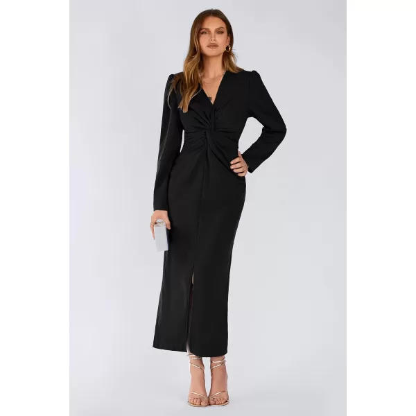 imagePRETTYGARDEN Womens Fall Fashion 2023 Long Puff Sleeve Maxi Dresses V Neck Twist Front Formal Dress with SlitBlack