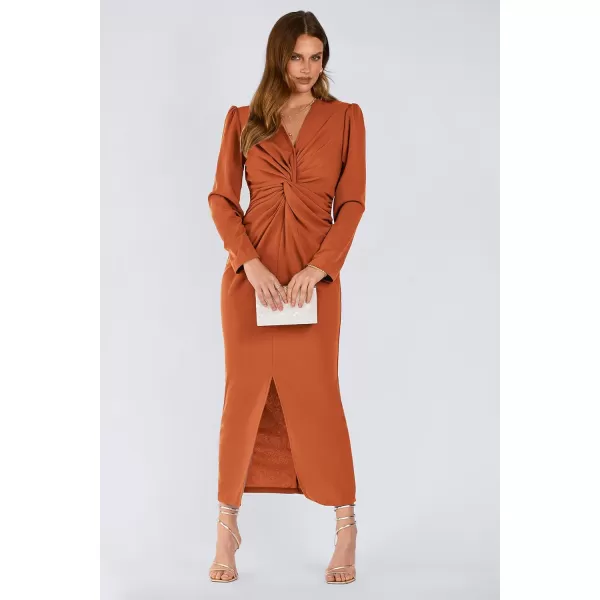 imagePRETTYGARDEN Womens Fall Fashion 2023 Long Puff Sleeve Maxi Dresses V Neck Twist Front Formal Dress with SlitBrown