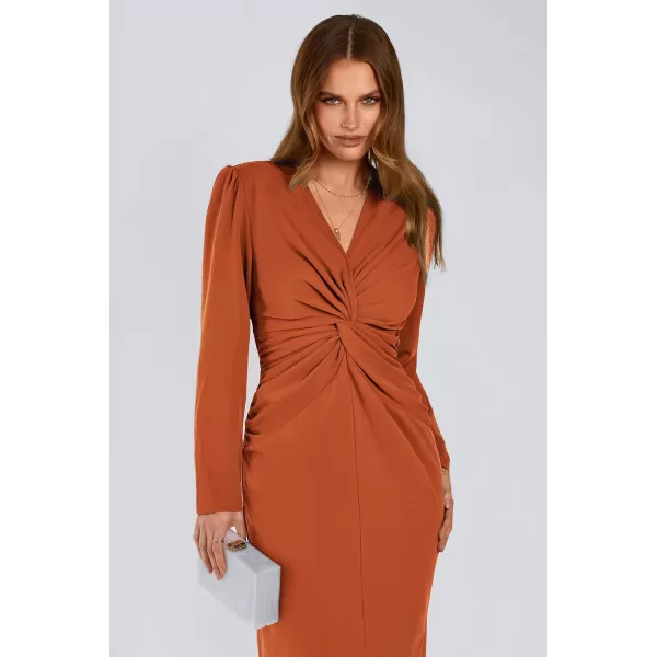 imagePRETTYGARDEN Womens Fall Fashion 2023 Long Puff Sleeve Maxi Dresses V Neck Twist Front Formal Dress with SlitBrown