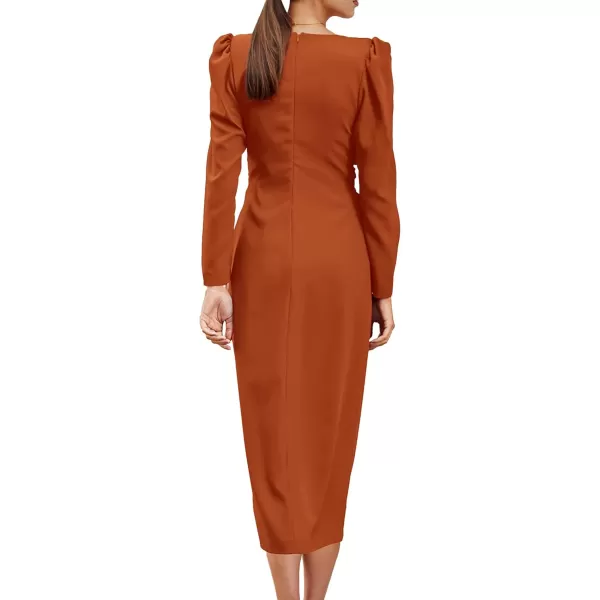 imagePRETTYGARDEN Womens Fall Fashion 2023 Long Puff Sleeve Maxi Dresses V Neck Twist Front Formal Dress with SlitBrown