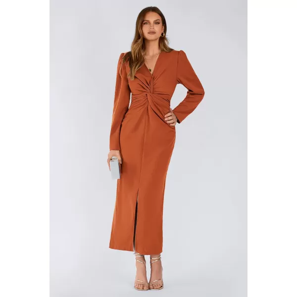 imagePRETTYGARDEN Womens Fall Fashion 2023 Long Puff Sleeve Maxi Dresses V Neck Twist Front Formal Dress with SlitBrown