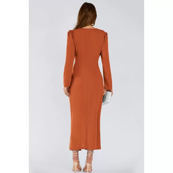 imagePRETTYGARDEN Womens Fall Fashion 2023 Long Puff Sleeve Maxi Dresses V Neck Twist Front Formal Dress with SlitBrown