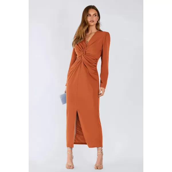 imagePRETTYGARDEN Womens Fall Fashion 2023 Long Puff Sleeve Maxi Dresses V Neck Twist Front Formal Dress with SlitBrown