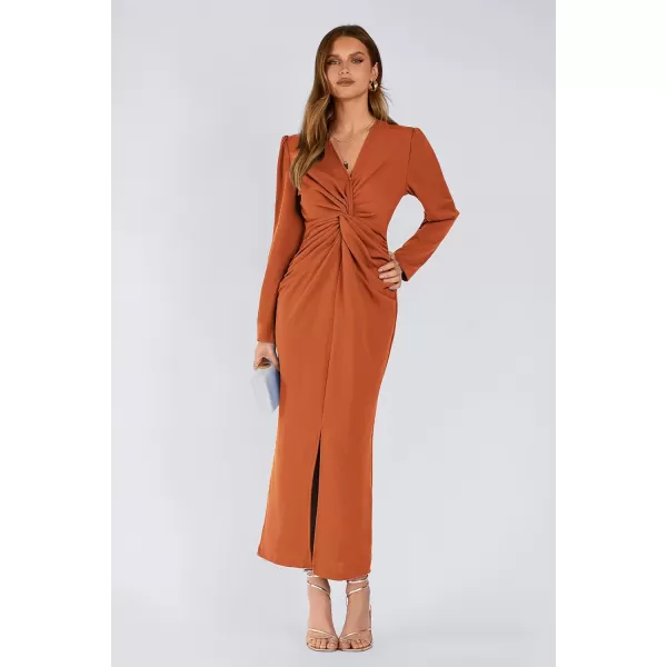 imagePRETTYGARDEN Womens Fall Fashion 2023 Long Puff Sleeve Maxi Dresses V Neck Twist Front Formal Dress with SlitBrown