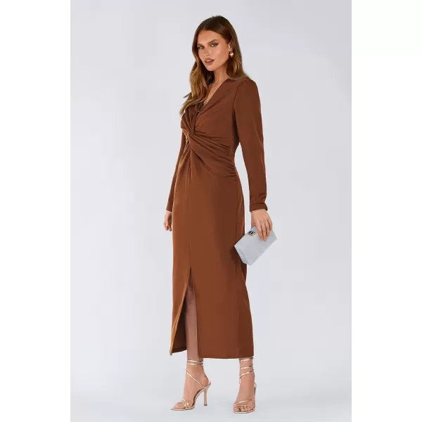 imagePRETTYGARDEN Womens Fall Fashion 2023 Long Puff Sleeve Maxi Dresses V Neck Twist Front Formal Dress with SlitCoffee