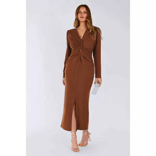 imagePRETTYGARDEN Womens Fall Fashion 2023 Long Puff Sleeve Maxi Dresses V Neck Twist Front Formal Dress with SlitCoffee