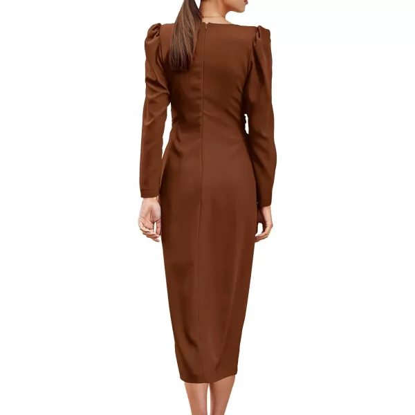 imagePRETTYGARDEN Womens Fall Fashion 2023 Long Puff Sleeve Maxi Dresses V Neck Twist Front Formal Dress with SlitCoffee
