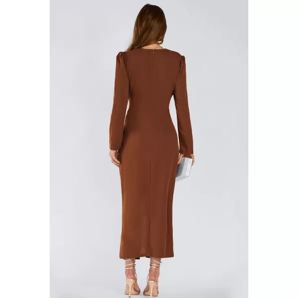imagePRETTYGARDEN Womens Fall Fashion 2023 Long Puff Sleeve Maxi Dresses V Neck Twist Front Formal Dress with SlitCoffee