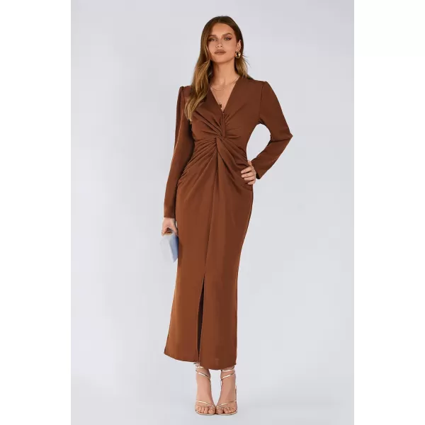 imagePRETTYGARDEN Womens Fall Fashion 2023 Long Puff Sleeve Maxi Dresses V Neck Twist Front Formal Dress with SlitCoffee