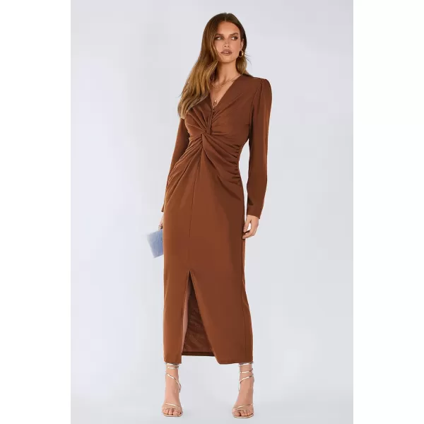 imagePRETTYGARDEN Womens Fall Fashion 2023 Long Puff Sleeve Maxi Dresses V Neck Twist Front Formal Dress with SlitCoffee