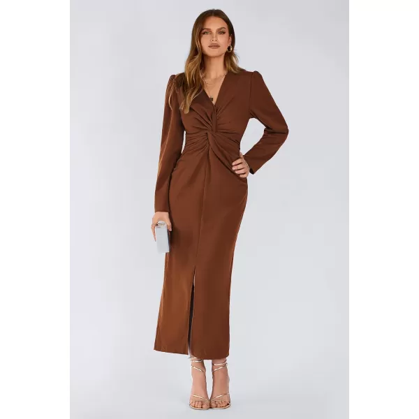 imagePRETTYGARDEN Womens Fall Fashion 2023 Long Puff Sleeve Maxi Dresses V Neck Twist Front Formal Dress with SlitCoffee