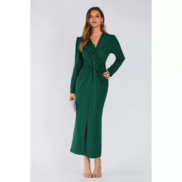 imagePRETTYGARDEN Womens Fall Fashion 2023 Long Puff Sleeve Maxi Dresses V Neck Twist Front Formal Dress with SlitDark Green
