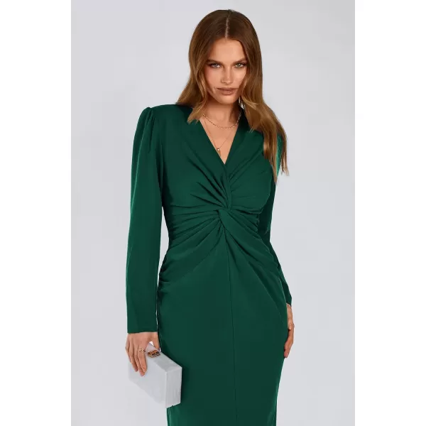 imagePRETTYGARDEN Womens Fall Fashion 2023 Long Puff Sleeve Maxi Dresses V Neck Twist Front Formal Dress with SlitDark Green