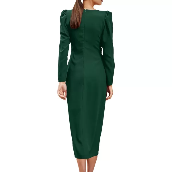 imagePRETTYGARDEN Womens Fall Fashion 2023 Long Puff Sleeve Maxi Dresses V Neck Twist Front Formal Dress with SlitDark Green