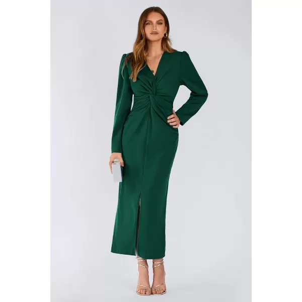 imagePRETTYGARDEN Womens Fall Fashion 2023 Long Puff Sleeve Maxi Dresses V Neck Twist Front Formal Dress with SlitDark Green