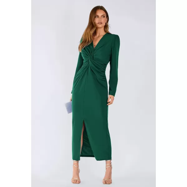 imagePRETTYGARDEN Womens Fall Fashion 2023 Long Puff Sleeve Maxi Dresses V Neck Twist Front Formal Dress with SlitDark Green