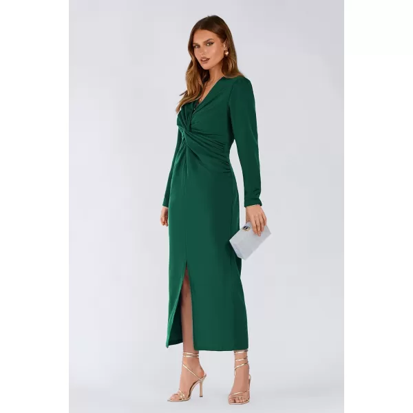 imagePRETTYGARDEN Womens Fall Fashion 2023 Long Puff Sleeve Maxi Dresses V Neck Twist Front Formal Dress with SlitDark Green