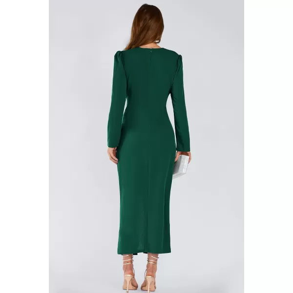 imagePRETTYGARDEN Womens Fall Fashion 2023 Long Puff Sleeve Maxi Dresses V Neck Twist Front Formal Dress with SlitDark Green