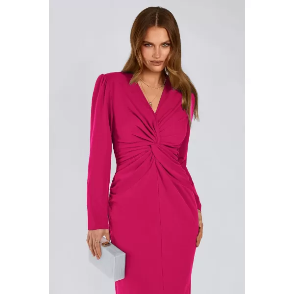 imagePRETTYGARDEN Womens Fall Fashion 2023 Long Puff Sleeve Maxi Dresses V Neck Twist Front Formal Dress with SlitRose Red