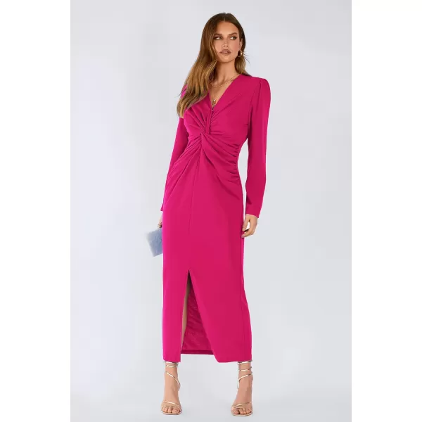 imagePRETTYGARDEN Womens Fall Fashion 2023 Long Puff Sleeve Maxi Dresses V Neck Twist Front Formal Dress with SlitRose Red
