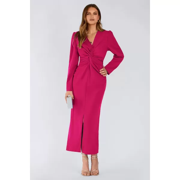 imagePRETTYGARDEN Womens Fall Fashion 2023 Long Puff Sleeve Maxi Dresses V Neck Twist Front Formal Dress with SlitRose Red