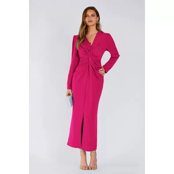 imagePRETTYGARDEN Womens Fall Fashion 2023 Long Puff Sleeve Maxi Dresses V Neck Twist Front Formal Dress with SlitRose Red