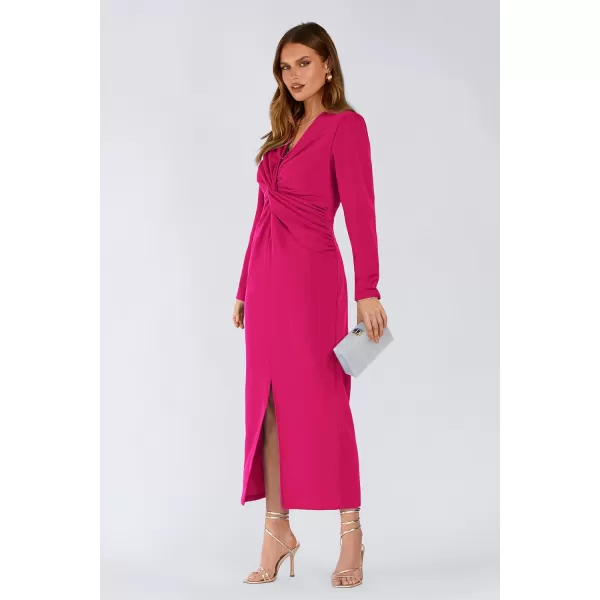 imagePRETTYGARDEN Womens Fall Fashion 2023 Long Puff Sleeve Maxi Dresses V Neck Twist Front Formal Dress with SlitRose Red