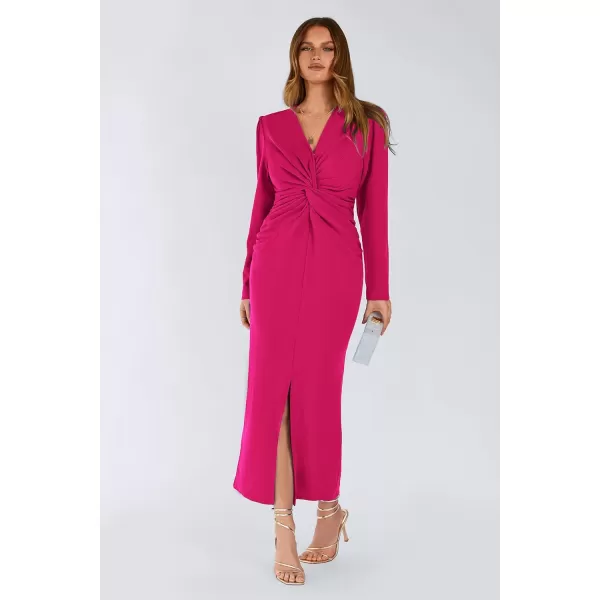 imagePRETTYGARDEN Womens Fall Fashion 2023 Long Puff Sleeve Maxi Dresses V Neck Twist Front Formal Dress with SlitRose Red