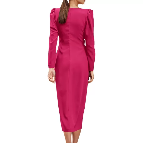 imagePRETTYGARDEN Womens Fall Fashion 2023 Long Puff Sleeve Maxi Dresses V Neck Twist Front Formal Dress with SlitRose Red