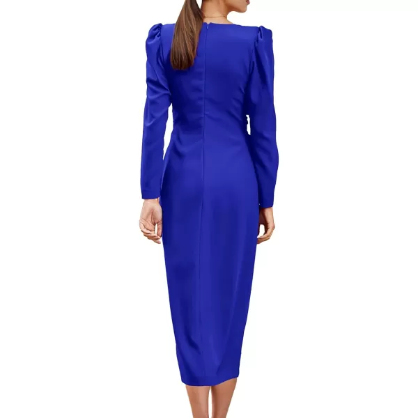 imagePRETTYGARDEN Womens Fall Fashion 2023 Long Puff Sleeve Maxi Dresses V Neck Twist Front Formal Dress with SlitRoyal Blue