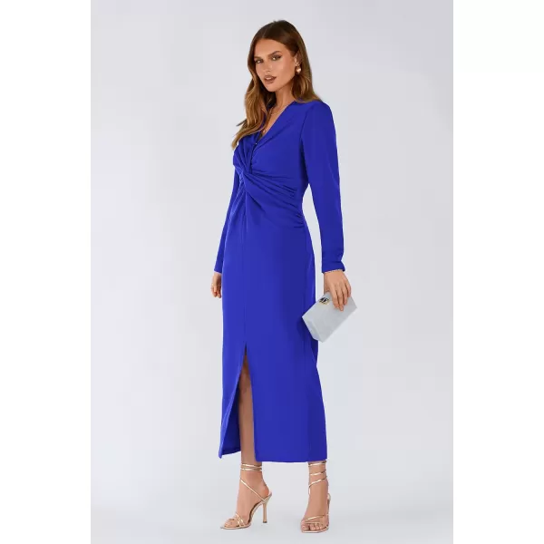 imagePRETTYGARDEN Womens Fall Fashion 2023 Long Puff Sleeve Maxi Dresses V Neck Twist Front Formal Dress with SlitRoyal Blue