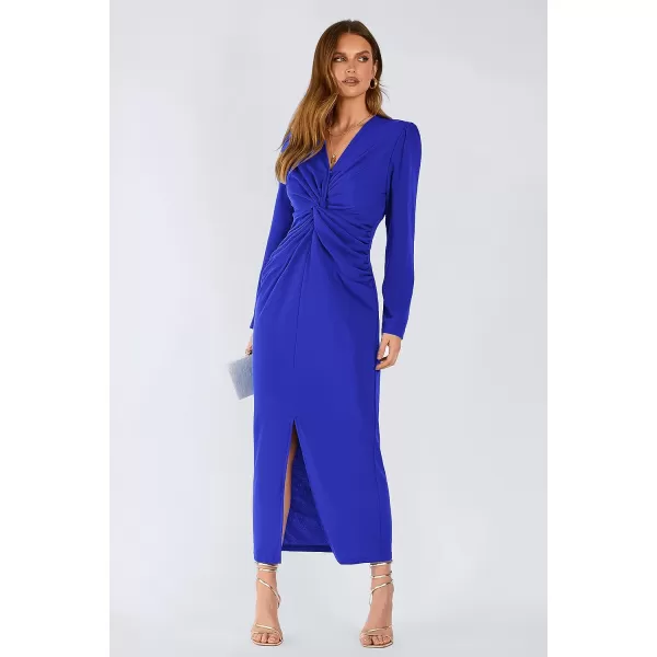 imagePRETTYGARDEN Womens Fall Fashion 2023 Long Puff Sleeve Maxi Dresses V Neck Twist Front Formal Dress with SlitRoyal Blue