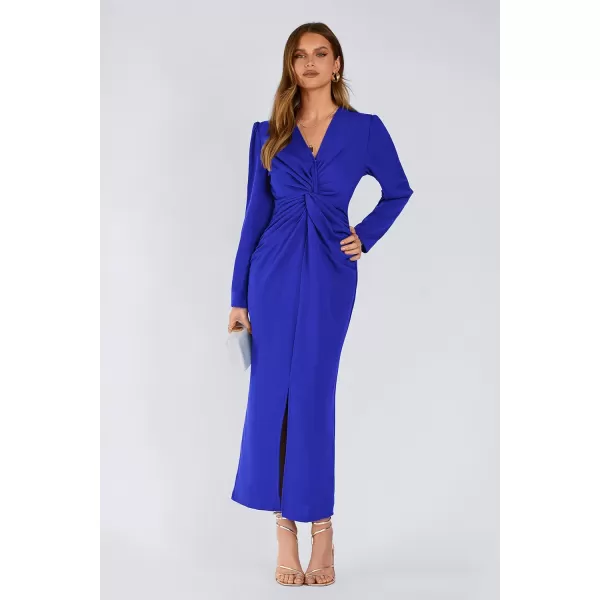imagePRETTYGARDEN Womens Fall Fashion 2023 Long Puff Sleeve Maxi Dresses V Neck Twist Front Formal Dress with SlitRoyal Blue