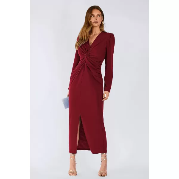 imagePRETTYGARDEN Womens Fall Fashion 2023 Long Puff Sleeve Maxi Dresses V Neck Twist Front Formal Dress with SlitWine Red