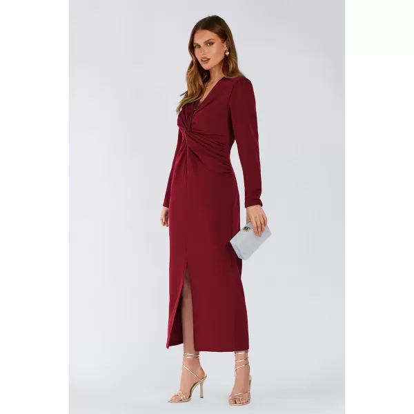 imagePRETTYGARDEN Womens Fall Fashion 2023 Long Puff Sleeve Maxi Dresses V Neck Twist Front Formal Dress with SlitWine Red