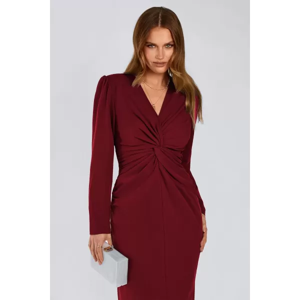 imagePRETTYGARDEN Womens Fall Fashion 2023 Long Puff Sleeve Maxi Dresses V Neck Twist Front Formal Dress with SlitWine Red