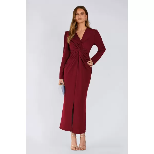 imagePRETTYGARDEN Womens Fall Fashion 2023 Long Puff Sleeve Maxi Dresses V Neck Twist Front Formal Dress with SlitWine Red
