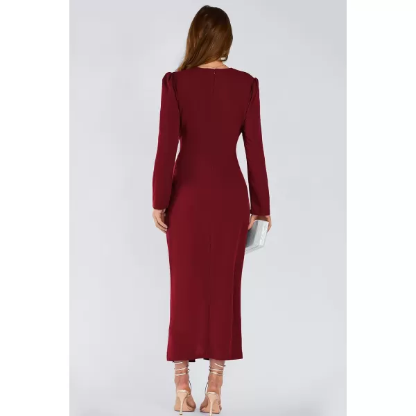 imagePRETTYGARDEN Womens Fall Fashion 2023 Long Puff Sleeve Maxi Dresses V Neck Twist Front Formal Dress with SlitWine Red