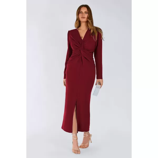 imagePRETTYGARDEN Womens Fall Fashion 2023 Long Puff Sleeve Maxi Dresses V Neck Twist Front Formal Dress with SlitWine Red