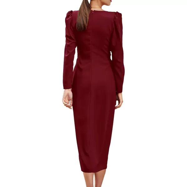 imagePRETTYGARDEN Womens Fall Fashion 2023 Long Puff Sleeve Maxi Dresses V Neck Twist Front Formal Dress with SlitWine Red