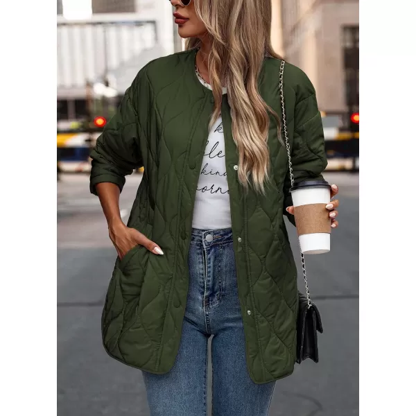 imagePRETTYGARDEN Womens Fall Fashion 2023 Quilted Bomber Jacket Casual Oversized Button Down Coat OuterwearArmy Green