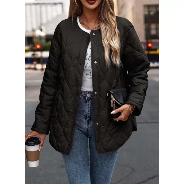 imagePRETTYGARDEN Womens Fall Fashion 2023 Quilted Bomber Jacket Casual Oversized Button Down Coat OuterwearBlack