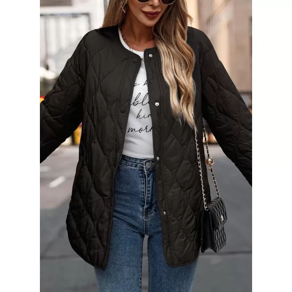 imagePRETTYGARDEN Womens Fall Fashion 2023 Quilted Bomber Jacket Casual Oversized Button Down Coat OuterwearBlack