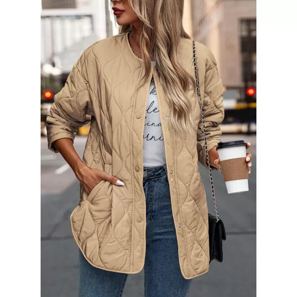 imagePRETTYGARDEN Womens Fall Fashion 2023 Quilted Bomber Jacket Casual Oversized Button Down Coat OuterwearKhaki